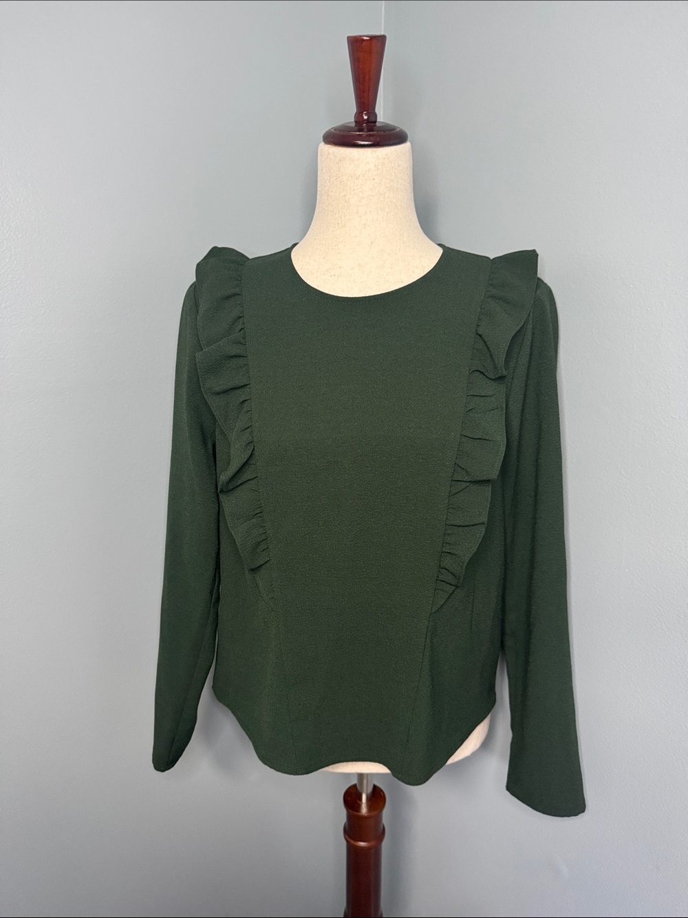 Zara Women’s Green Ruffle-Front Long Sleeve Blouse Top Sz L